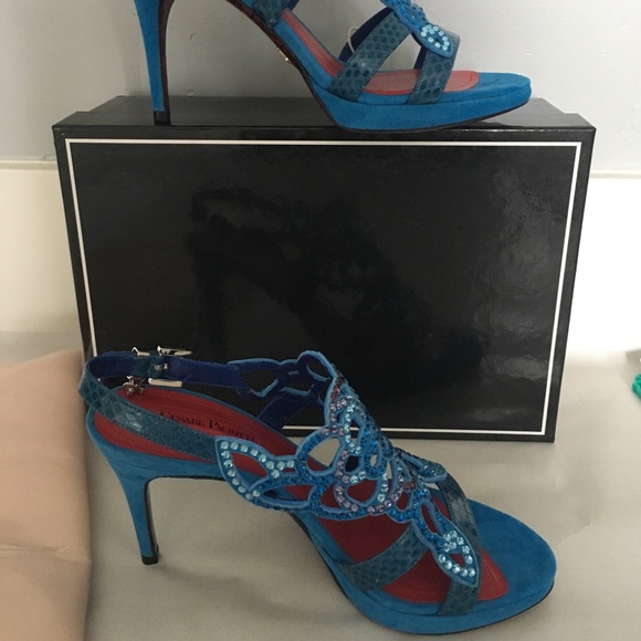 Cesare Paciotti Blue Leather Suede Sandals Sz 6.5 - Picture 6 of 8